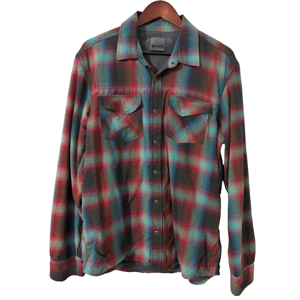Prana Mens Plaid Flannel Shirt Thermal Lined Red Green Blue Medium Snap Closure